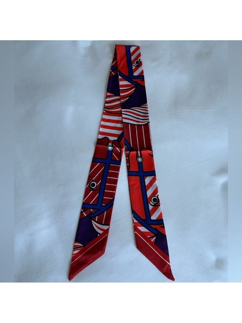 RED BLUE WHITE EQUESTRIAN HORSE SKINNY SCARF HANDBAG HANDLE WRAP HAIR NECK TIE - Picture 5 of 7